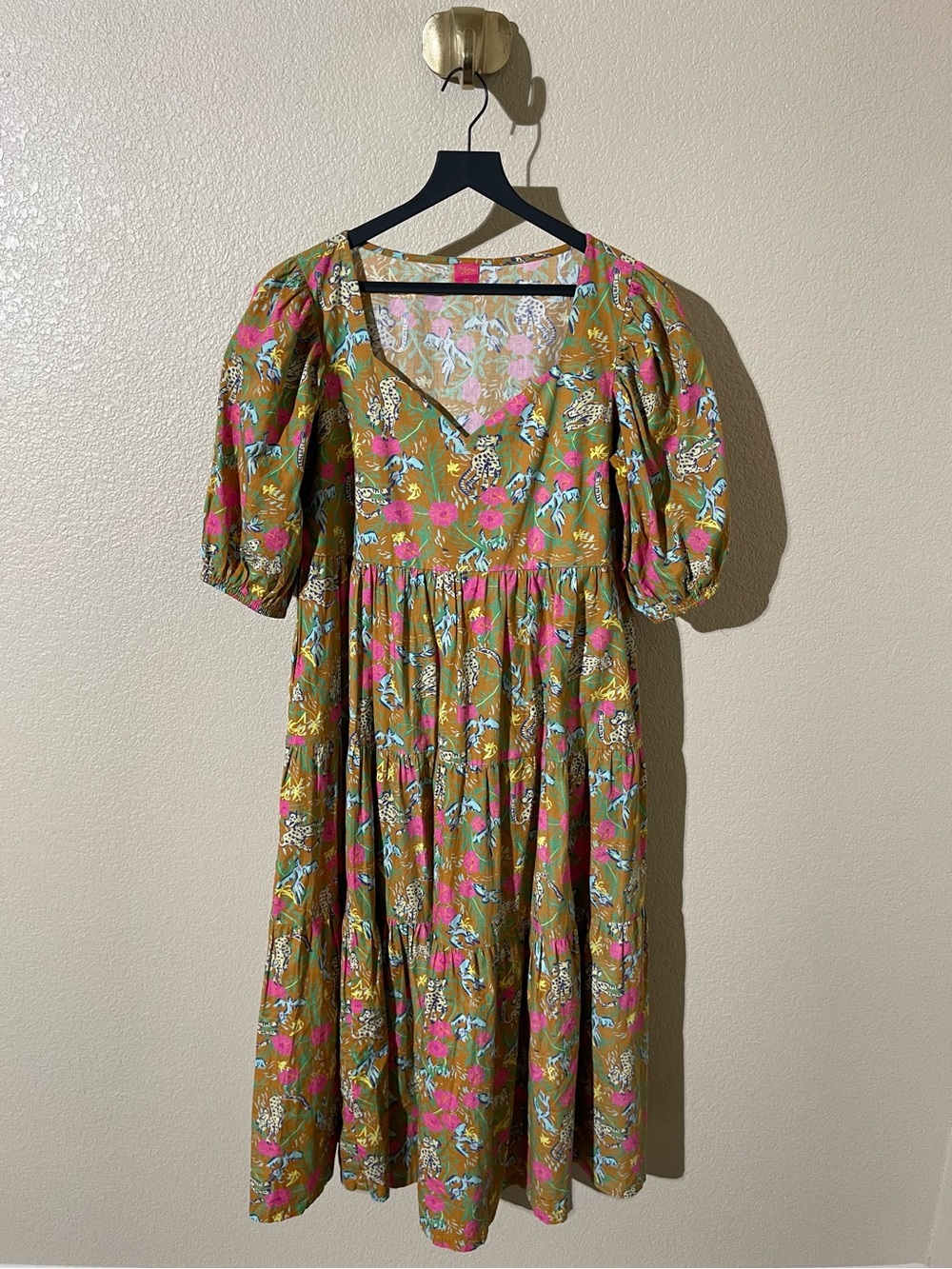 Floral Puff-Sleeve Midi Dress in Mustard with Pink Accents